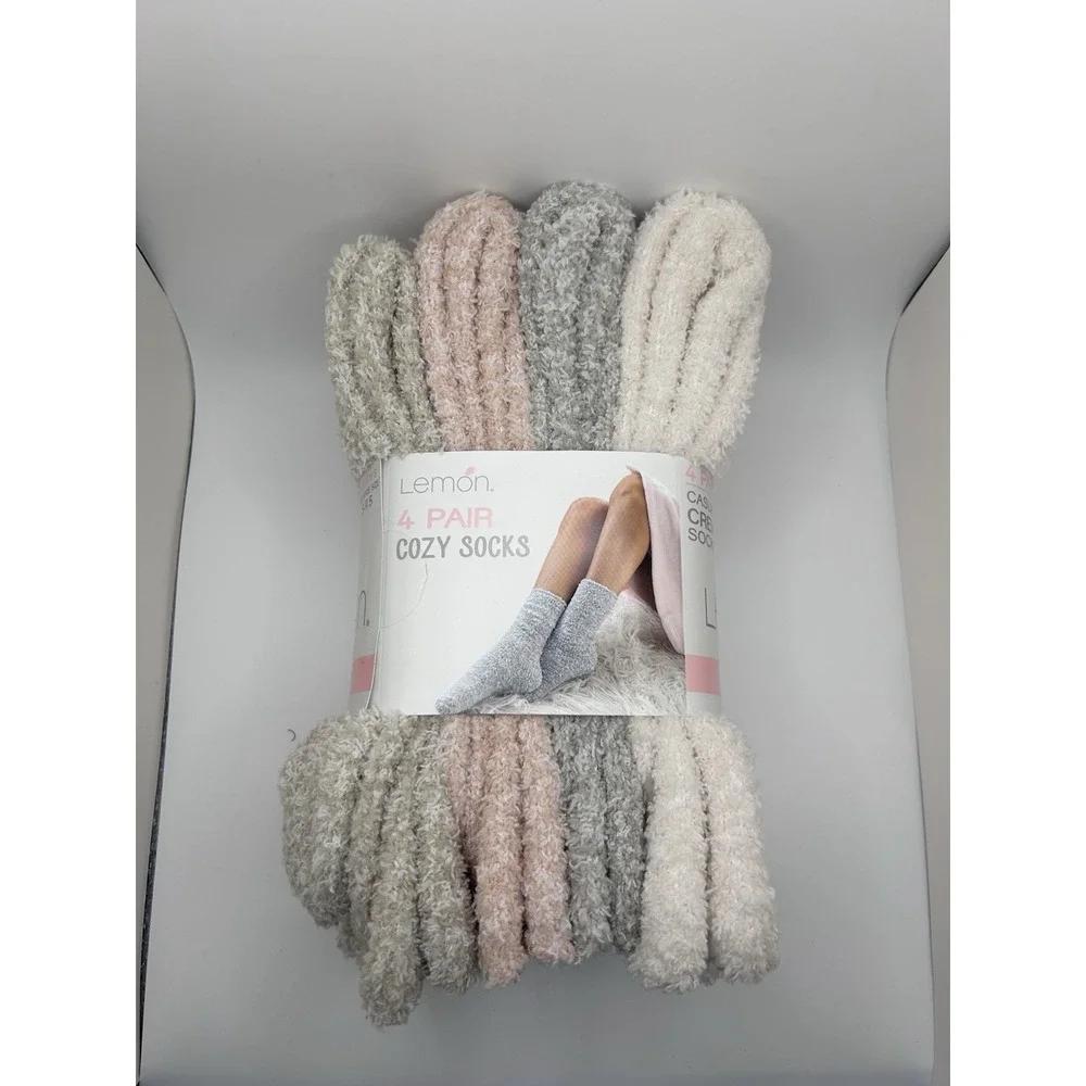 Lemon Womens Cozy Casual Crew Socks Fuzzy Warm Socks Size 5-9.5 4pk Multi Color